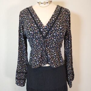 Aeropostale‎ Floral Long Sleeve Top V Neck Black Pink Blue Size XL Women's